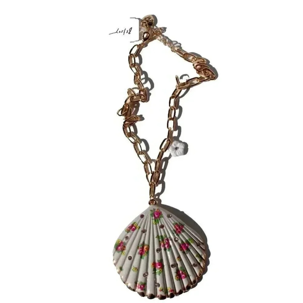 Betsey Johnson Necklace Sea Shell Flower Pendant Chain Clam Crystal Gold Tone